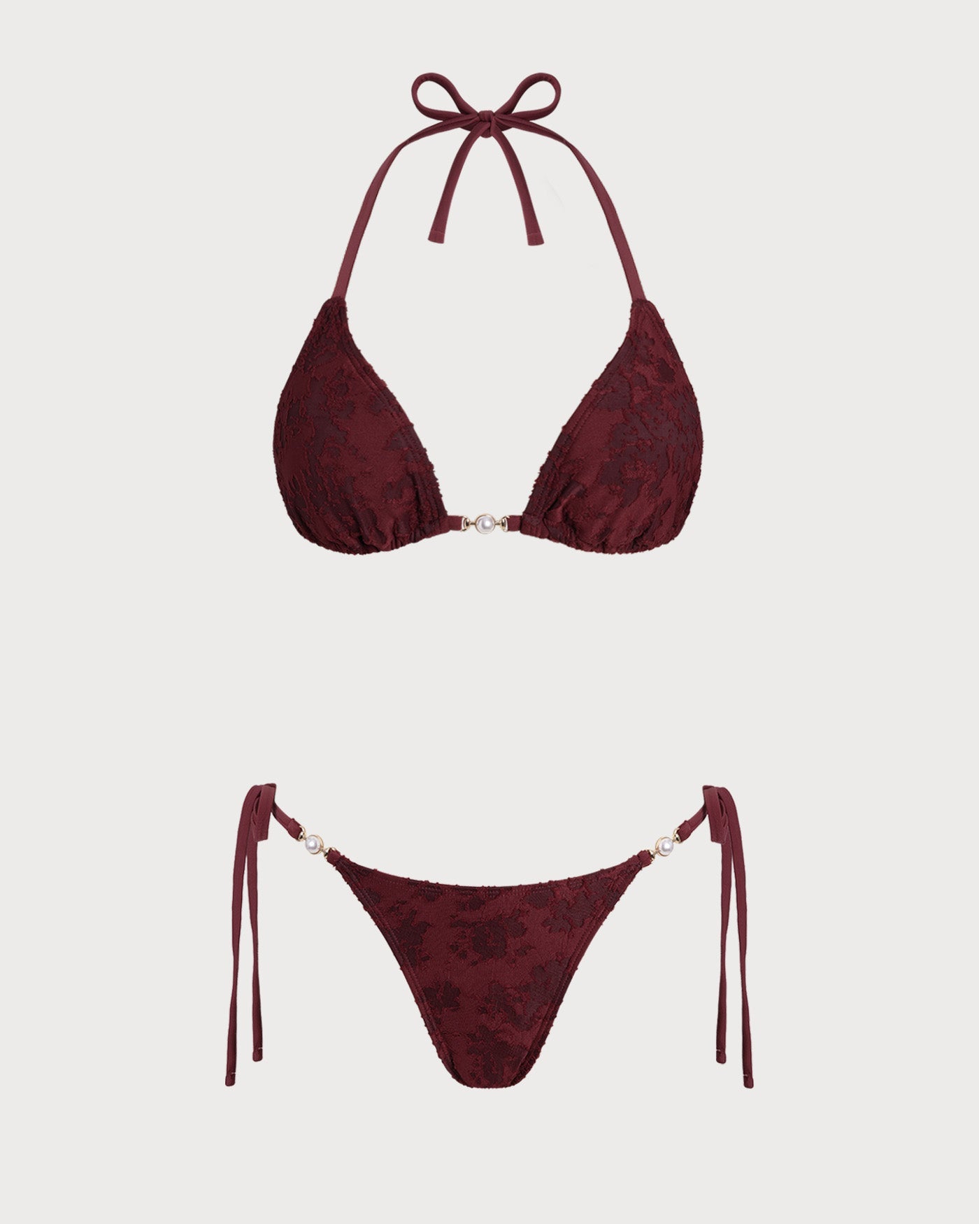 Kiremit Kırmızısı Boyundan Bağlamalı Dokulu Bikini Takımı