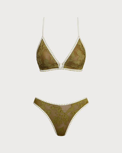 Yeşil Çiçek Desenli Bağlamalı-back Üçgen Bikini Takımı