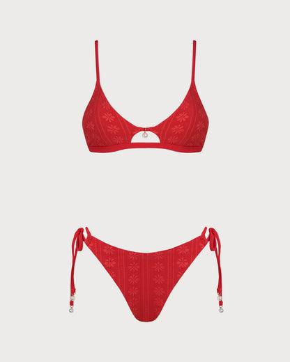 Kırmızı U Yaka Dokulu Bikini Takımı