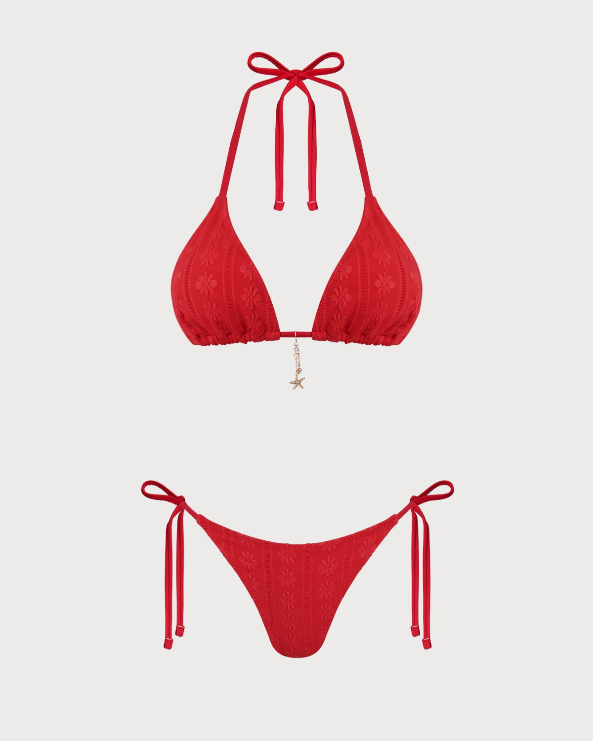 Kırmızı Jakarlı Boyundan Bağlamalı Büzgü Bağlamalı Bikini Takımı