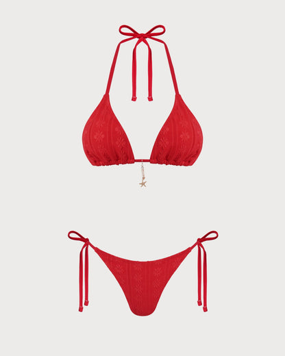 Kırmızı Jakarlı Boyundan Bağlamalı Büzgü Bağlamalı Bikini Takımı