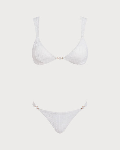 Beyaz V Yaka Dokulu Bralet Bikini Takımı