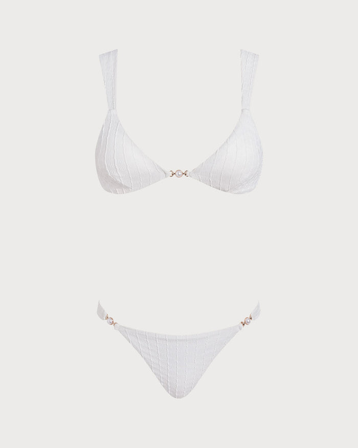 Beyaz V Yaka Dokulu Bralet Bikini Takımı
