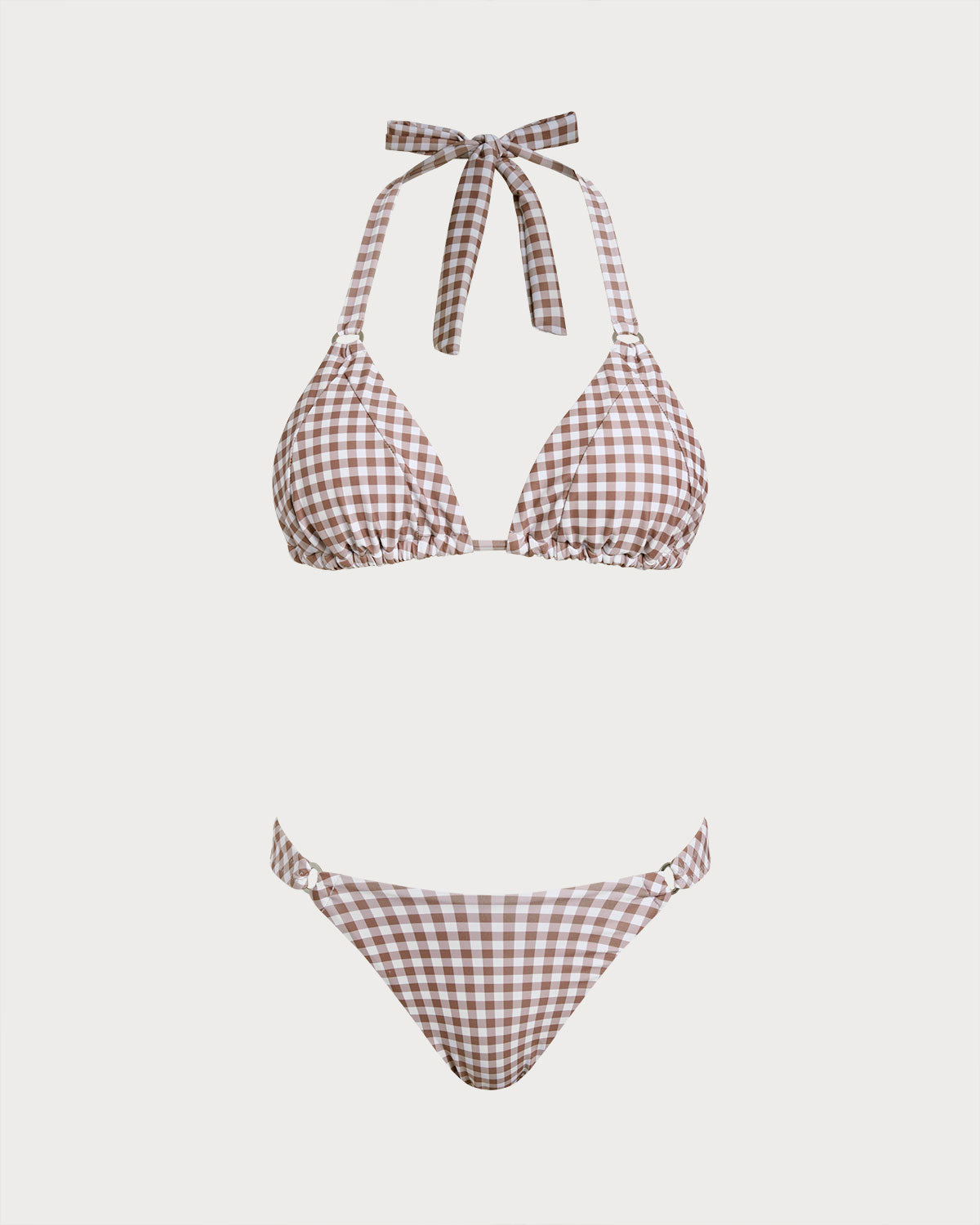 Kahve Ekoseli Boyundan Bağlamalı Bikini Takımı