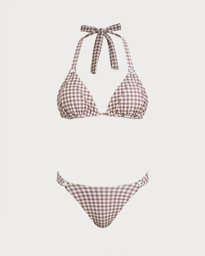 Kahve Ekoseli Boyundan Bağlamalı Bikini Takımı