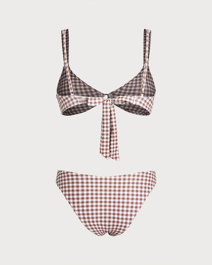 Kahve Ekoseli Halka Detaylı Bikini Takımı