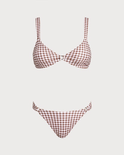 Kahve Ekoseli Halka Detaylı Bikini Takımı