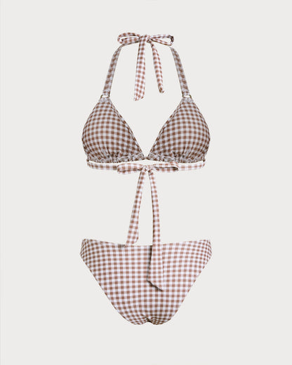 Kahve Ekoseli Boyundan Bağlamalı Bikini Takımı