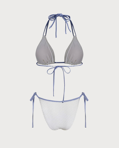 Beyaz Boyundan Bağlamalı Kontrast Üçgen Bikini Takımı