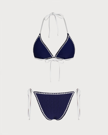 Mavi Büzgü Bağlamalı Üçgen Bikini Takımı