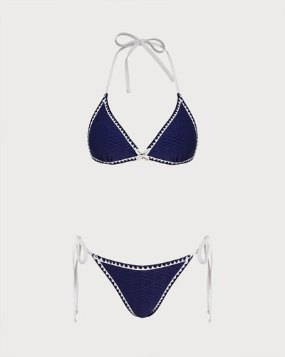 Mavi Büzgü Bağlamalı Üçgen Bikini Takımı