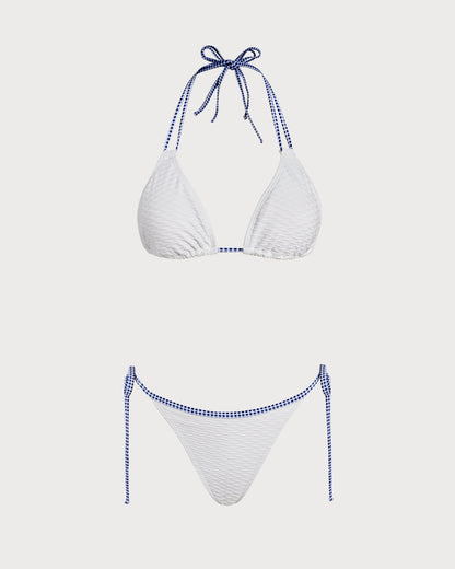 Beyaz Boyundan Bağlamalı Kontrast Üçgen Bikini Takımı