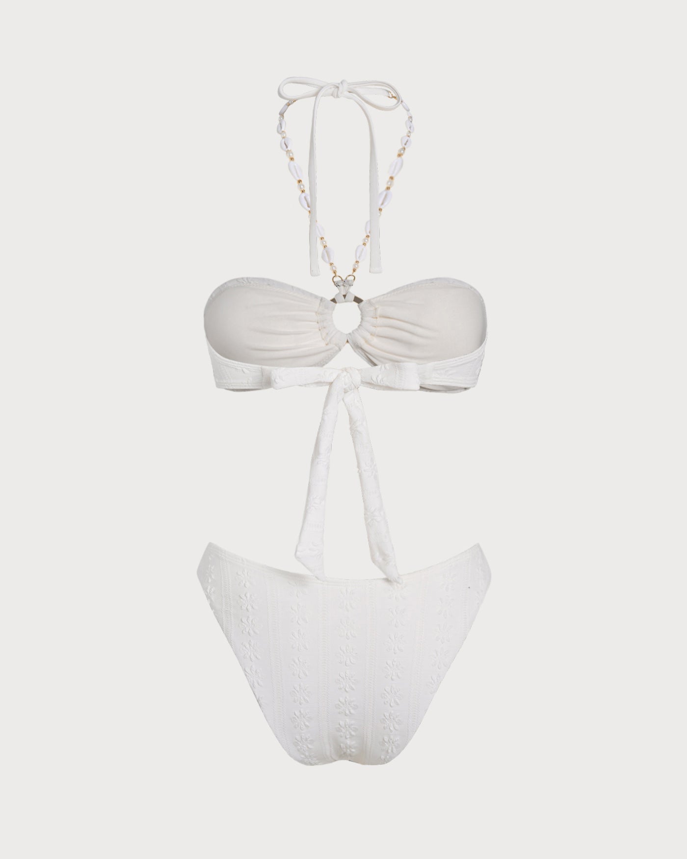 Beyaz Boyundan Bağlamalı Jakarlı Bandeau Bikini Takımı