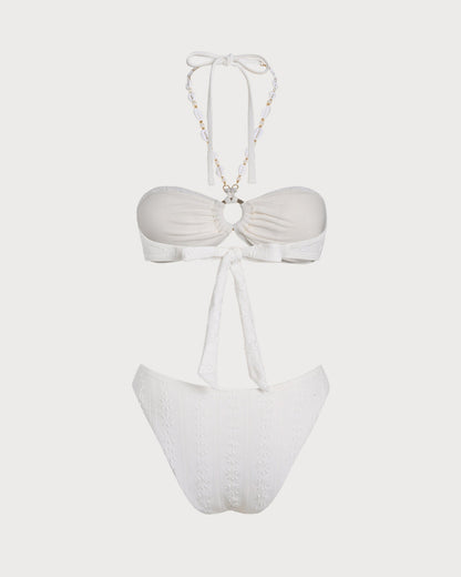 Beyaz Boyundan Bağlamalı Jakarlı Bandeau Bikini Takımı