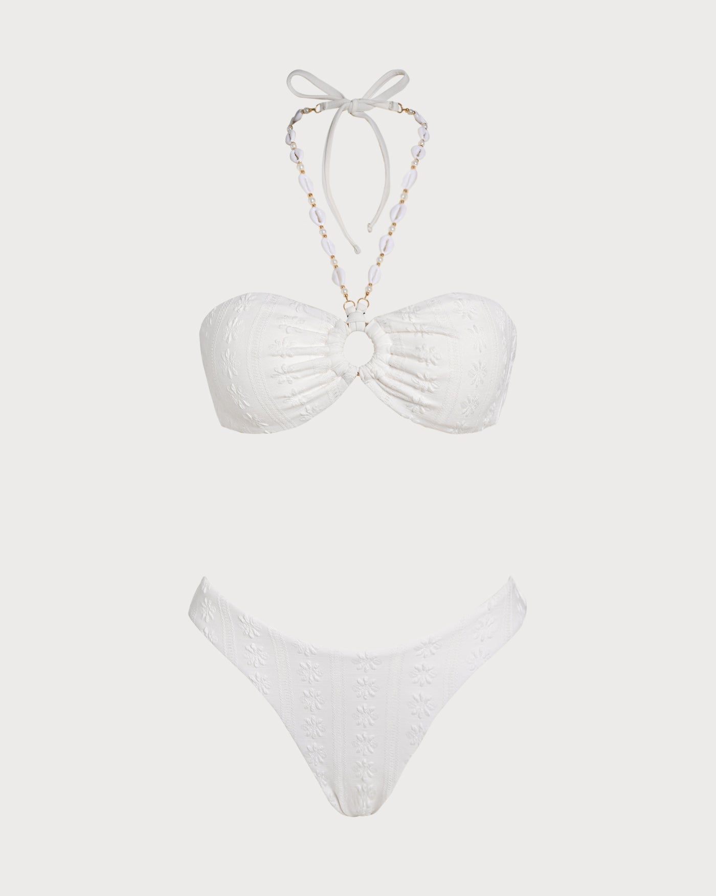 Beyaz Boyundan Bağlamalı Jakarlı Bandeau Bikini Takımı