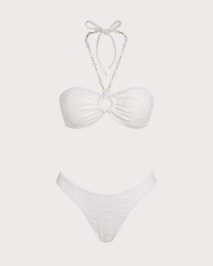 Beyaz Boyundan Bağlamalı Jakarlı Bandeau Bikini Takımı