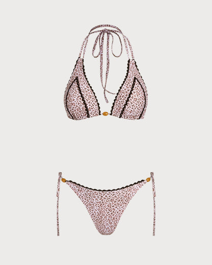 Leopar Desenli Desenli Boyundan Bağlamalı Bikini Takımı