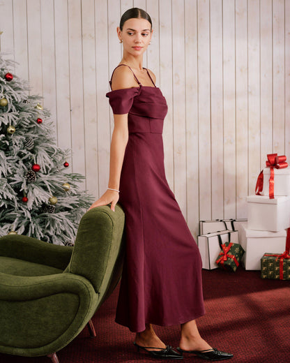 Bordo Off The Shoulder Maxi Elbise