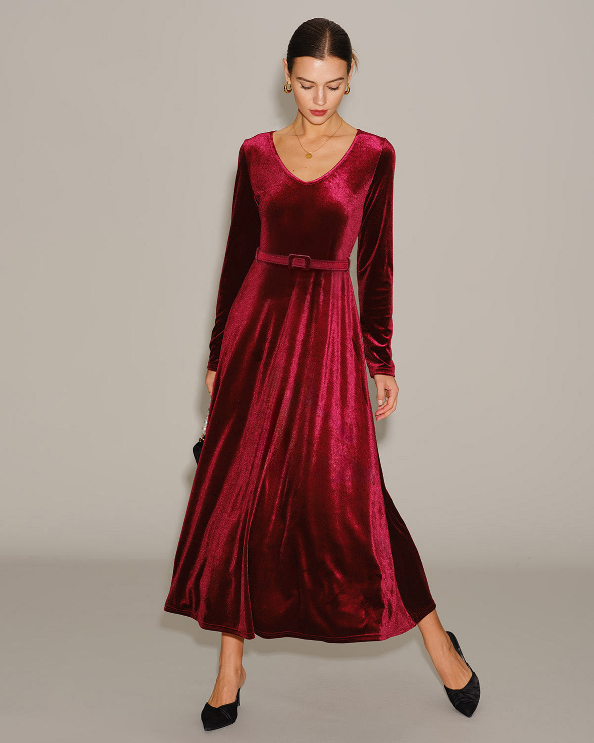 Bordo Velour V Yaka Maxi Elbise