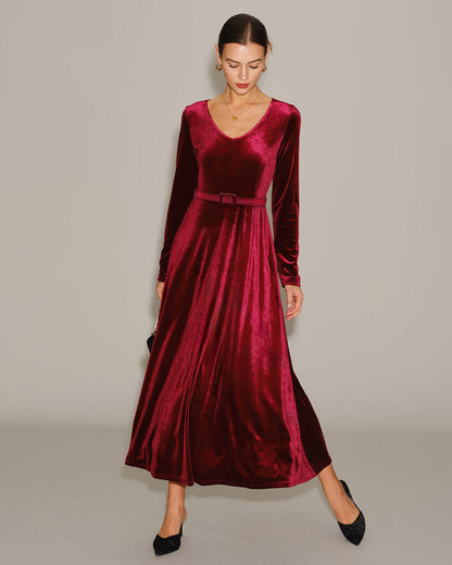 Bordo Velour V Yaka Maxi Elbise