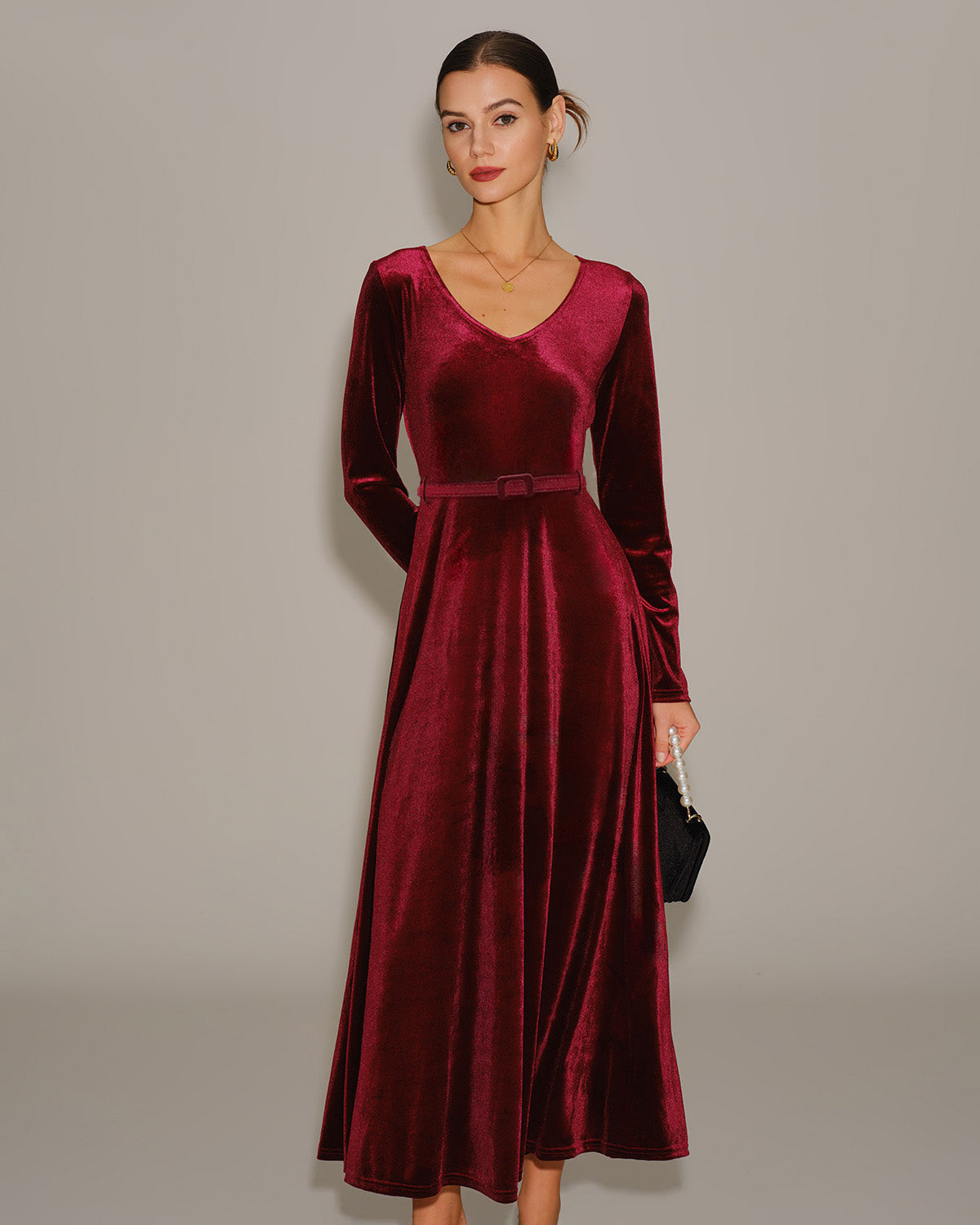 Bordo Velour V Yaka Maxi Elbise