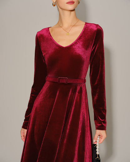 Bordo Velour V Yaka Maxi Elbise