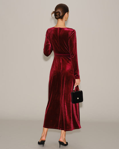 Bordo Velour V Yaka Maxi Elbise