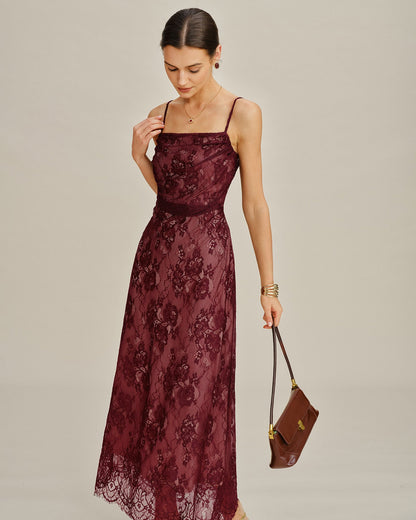 Bordo Dantelli Slip Maxi Elbise