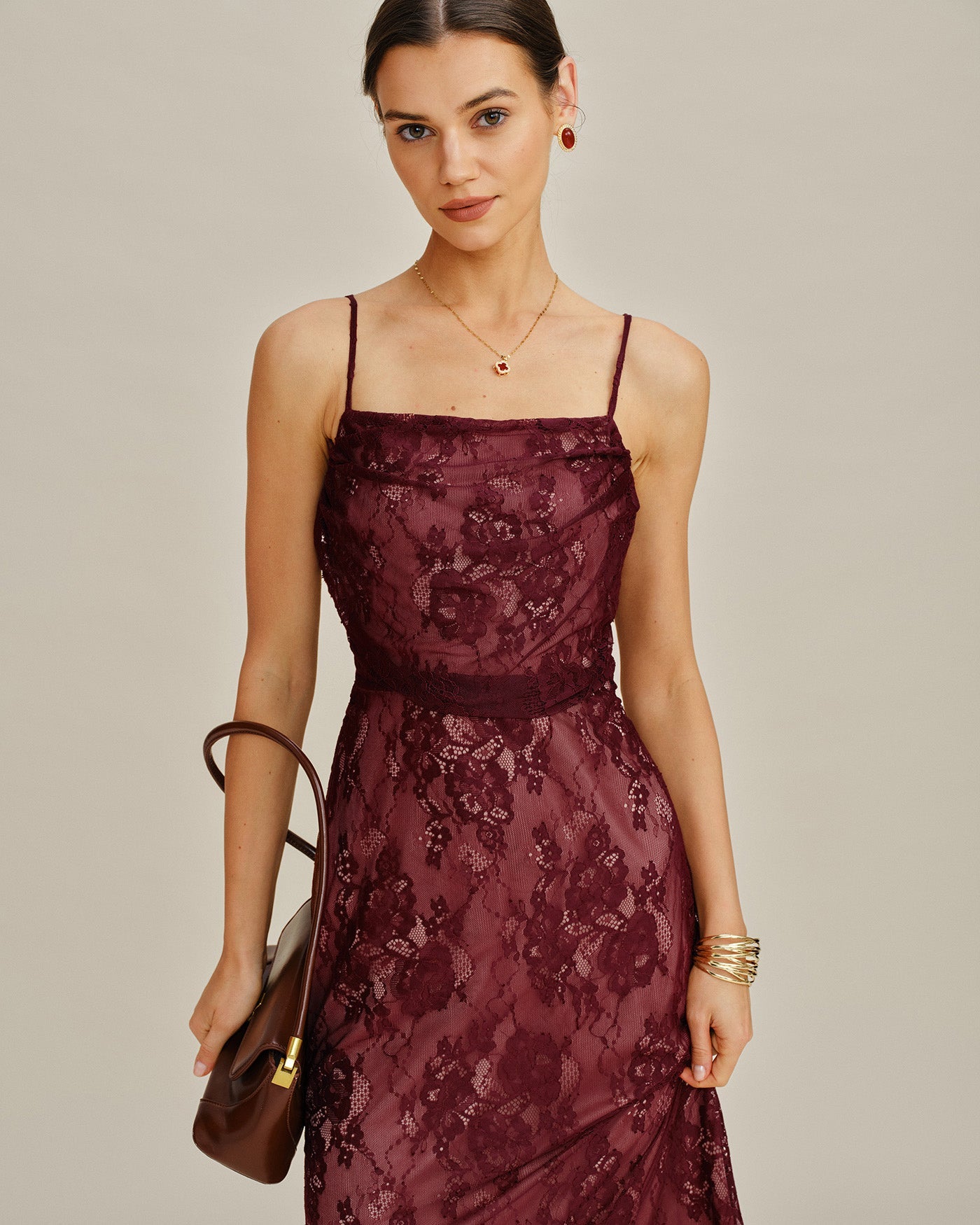 Bordo Dantelli Slip Maxi Elbise