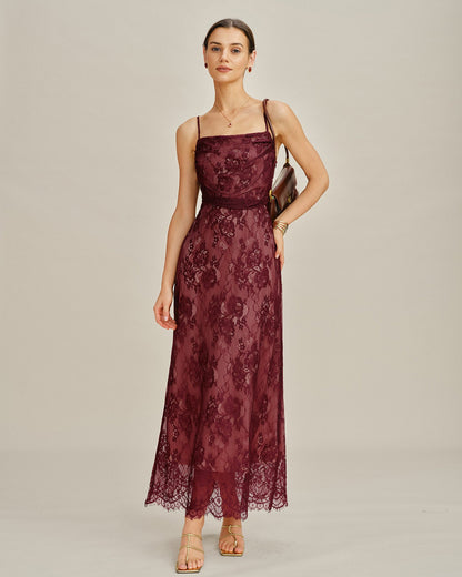 Bordo Dantelli Slip Maxi Elbise