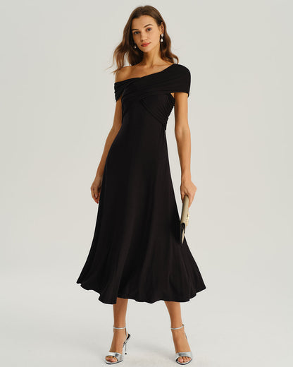 Siyah One Shoulder A Kesim Midi Elbise