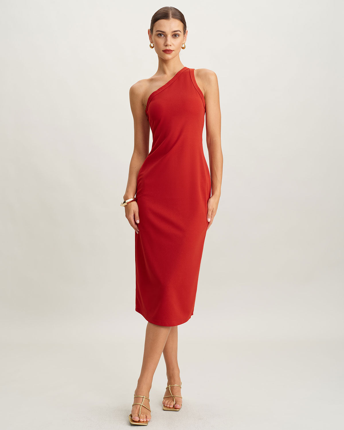 Kırmızı Triko One shoulder Midi Elbise