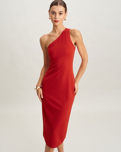 Kırmızı Triko One shoulder Midi Elbise