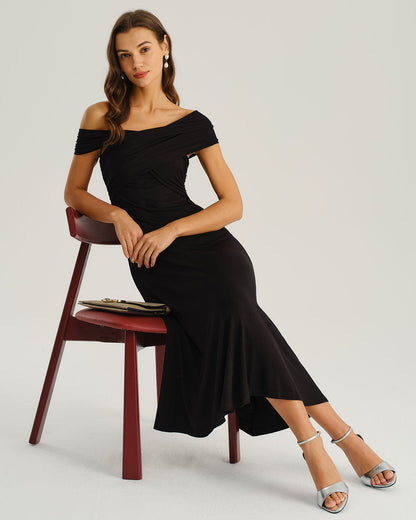 Siyah One Shoulder A Kesim Midi Elbise