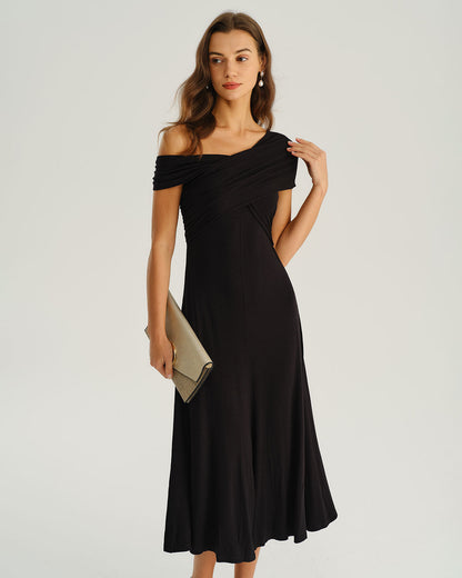 Siyah One Shoulder A Kesim Midi Elbise