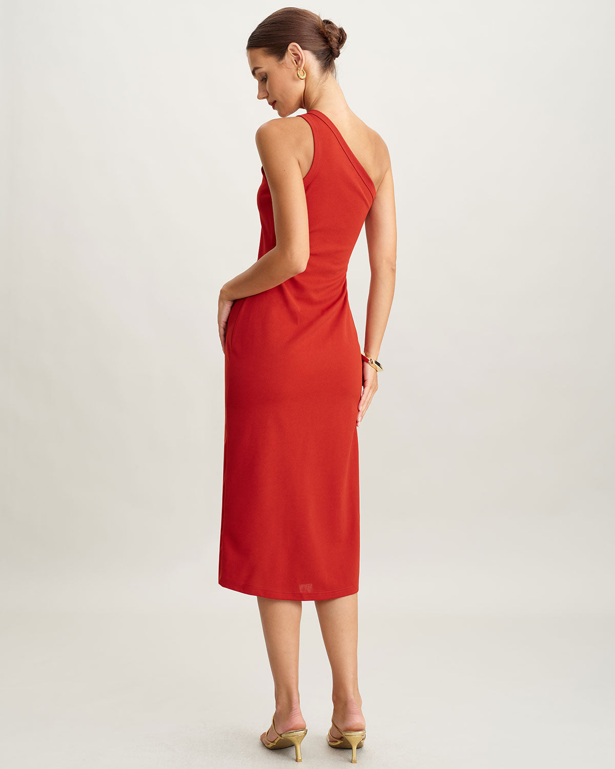 Kırmızı Triko One shoulder Midi Elbise
