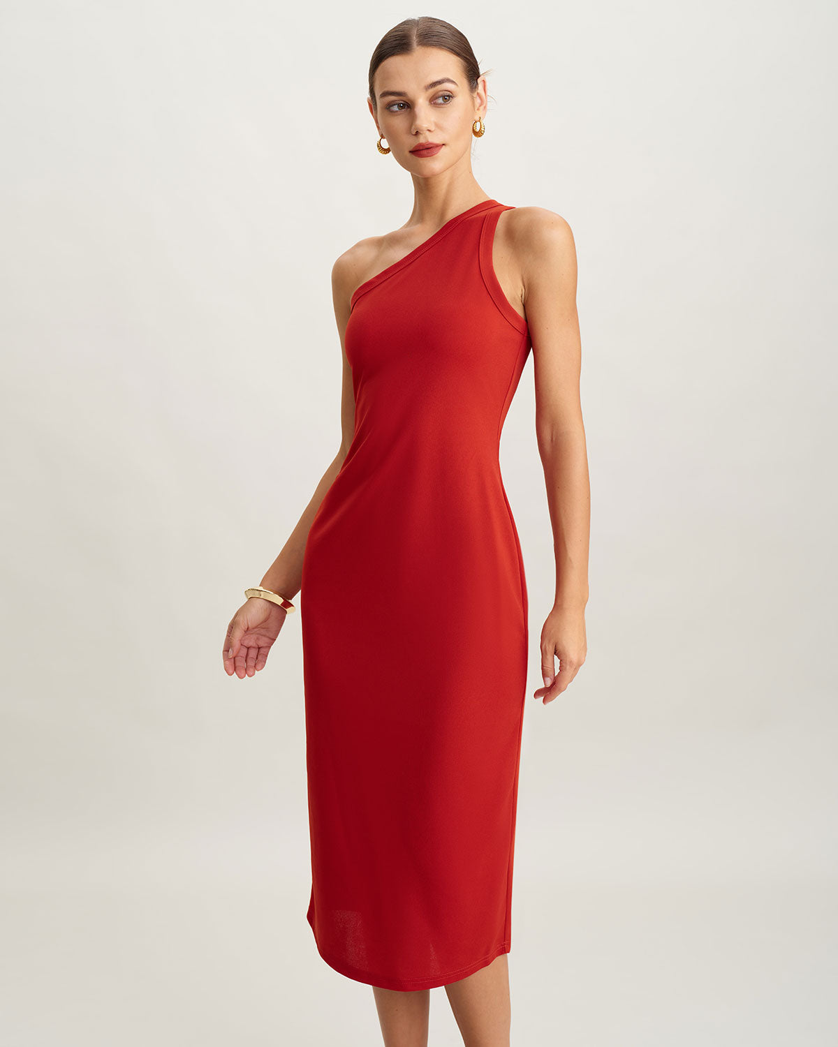 Kırmızı Triko One shoulder Midi Elbise