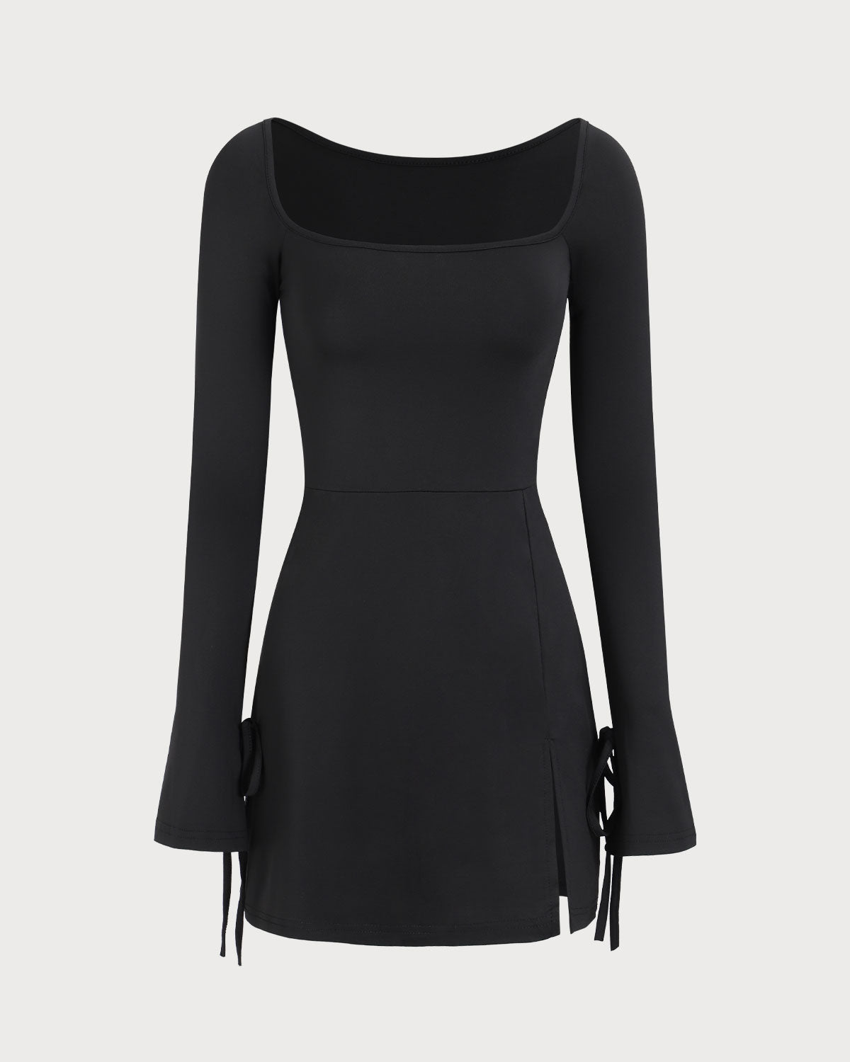 Kadın Siyah Kare Yaka Uzun Sleeve Mini Elbise