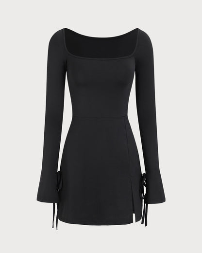Kadın Siyah Kare Yaka Uzun Sleeve Mini Elbise