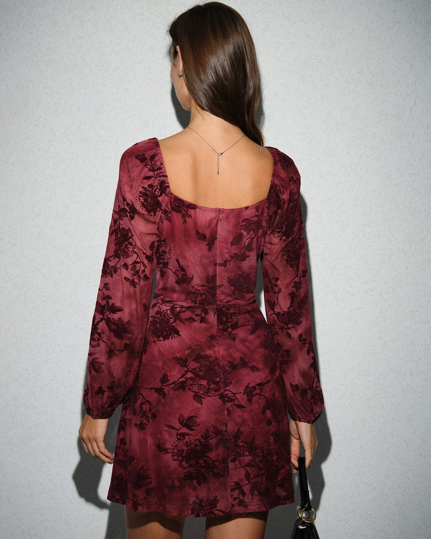 Bordo Degaje Yaka Çiçek Desenli Mini Elbise