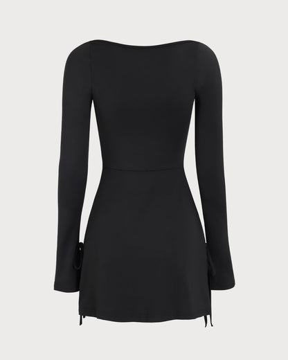 Kadın Siyah Kare Yaka Uzun Sleeve Mini Elbise