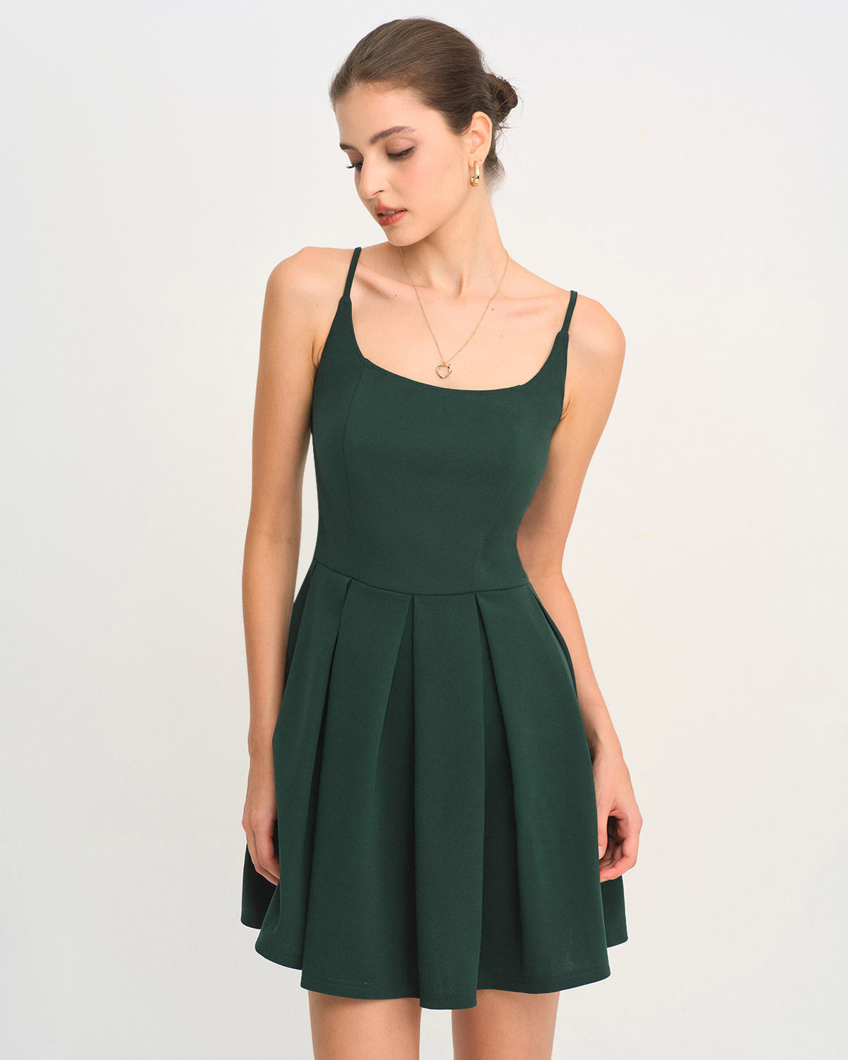Yeşil A Kesim Pileli Slip Mini Elbise