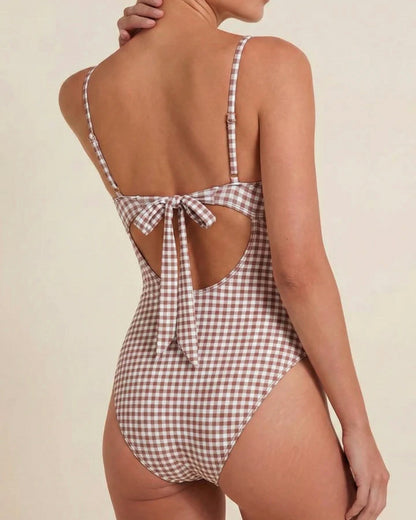 Kahve Ekoseli Balenli Tek Parça Mayo Swimwear
