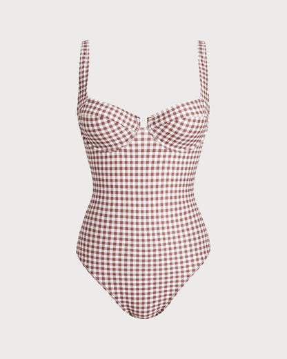 Kahve Ekoseli Balenli Tek Parça Mayo Swimwear