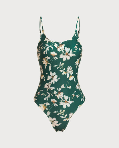 Yeşil Çiçek Desenli Sırtı Açık Tek Parça Mayo Swimwear