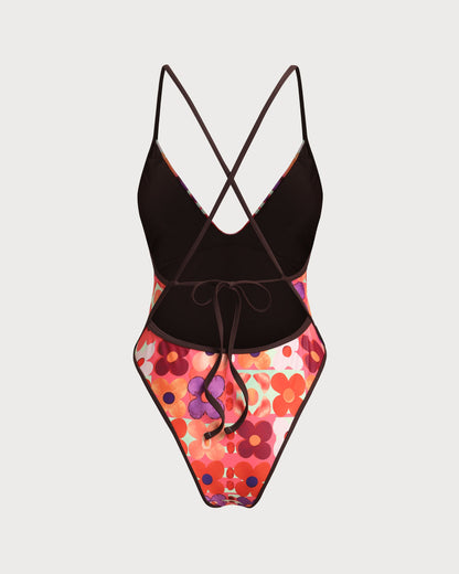 Kırmızı Çiçek Desenli Corset One-Piece Swimsuit