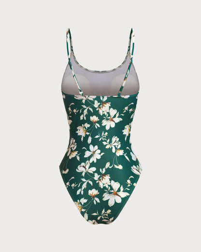 Yeşil Çiçek Desenli Sırtı Açık Tek Parça Mayo Swimwear