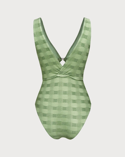 Yeşil Halka Detaylı Dokulu Tek Parça Mayo Swimwear