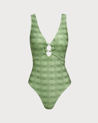 Yeşil Halka Detaylı Dokulu Tek Parça Mayo Swimwear
