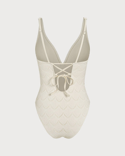 Kırık Beyaz Bralet Dokulu Tek Parça Mayo Swimwear